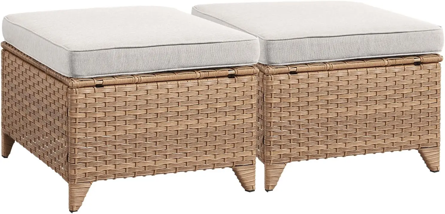 Pátio de vime ao ar livre otomanos, apoio para os pés, Footstools Set, Rattan, almofadas grossas, 2 pcs