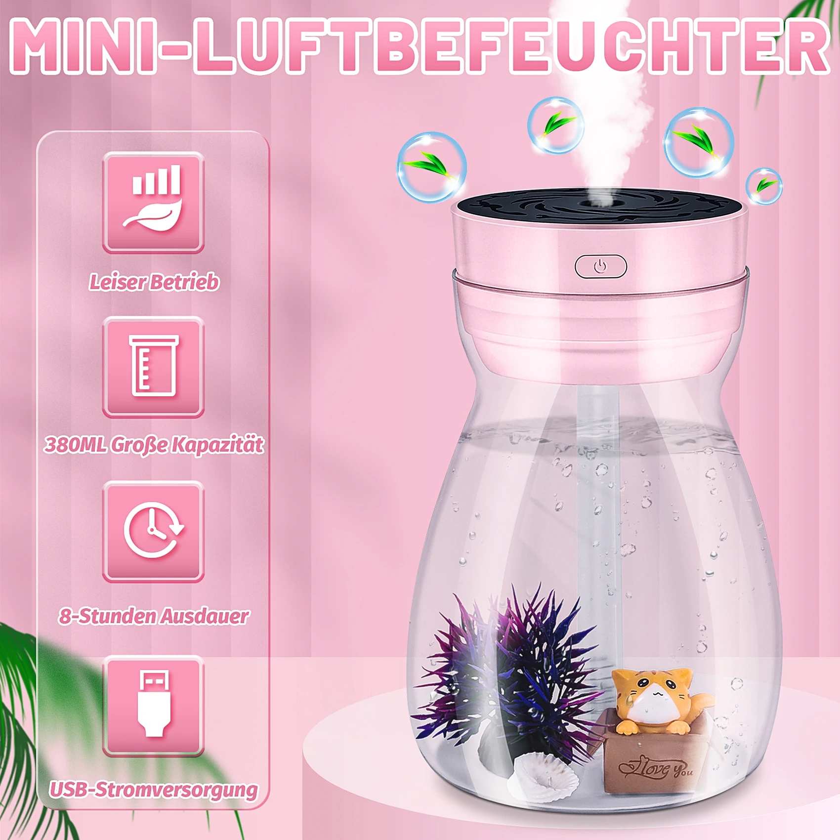 Schattige Koele Mist Luchtbevochtiger Kantoor Slaapkamer Luchtreiniger Usb Opladen Kawaii Luchtbevochtiger Met Led Licht Lucht Hydratatie