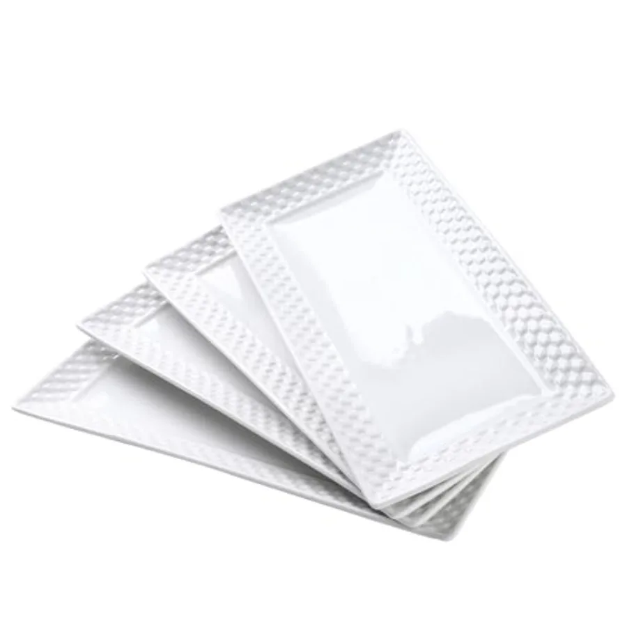 

12 Inch Serving Platters Set of 4 Ceramic Serving Tray Large Rectangular Plates with Embossed Design Ideal for Serving Steak Su
