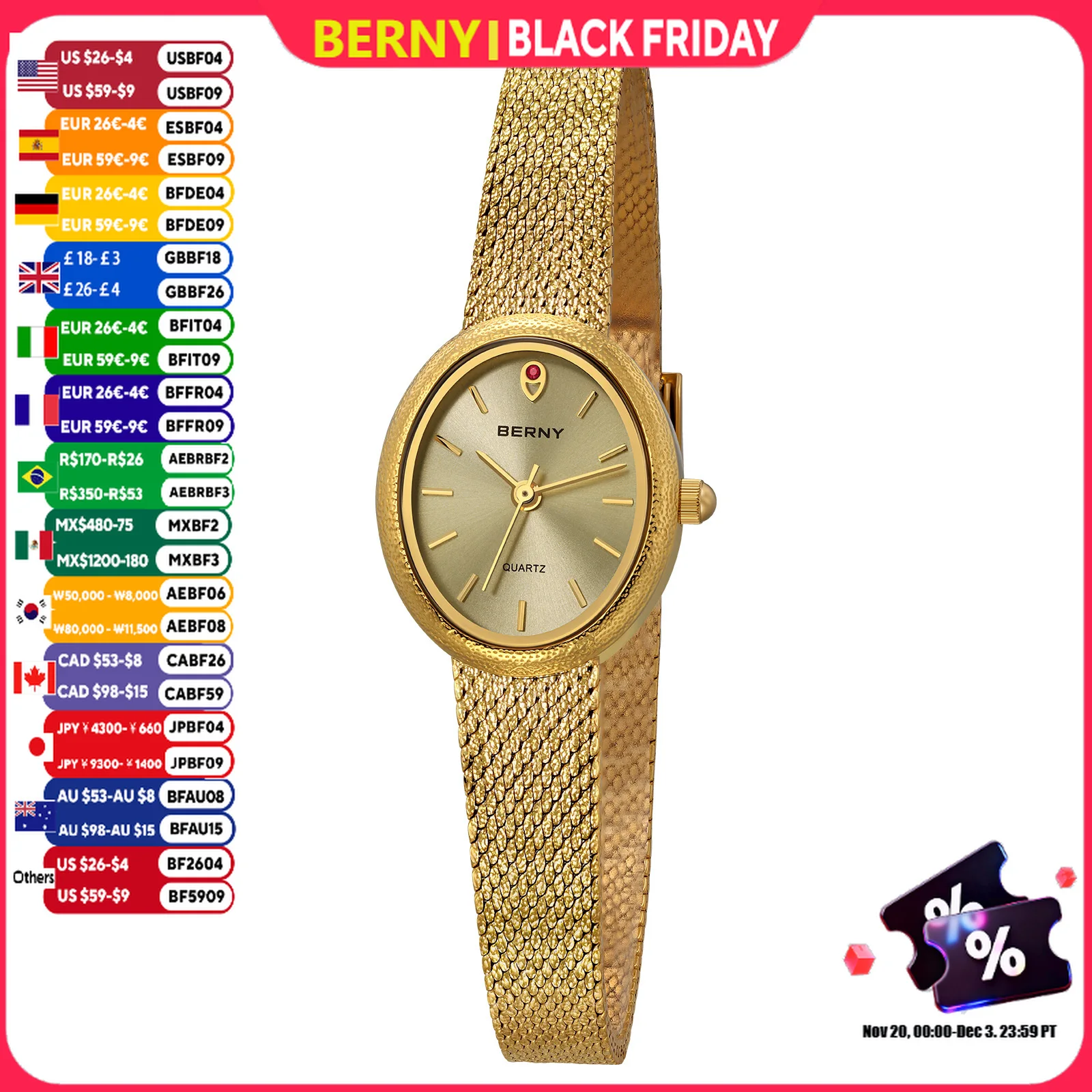 BERNY Luxusuhren für Damen, modische goldene Damen-Quarzuhr, superleichtes ovales Gehäuse, S/S, Freizeitkleid-Armbanduhr