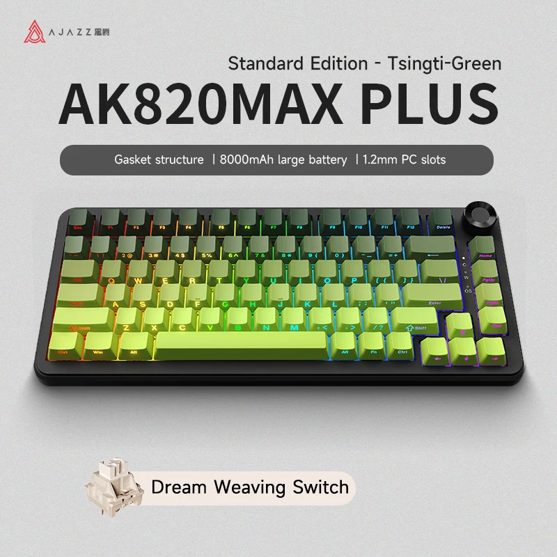 

AJAZZ AK820MAX PLUS Долговечная трехрежимная беспроводная механическая клавиатура с возможностью горячей замены с боковой гравировкой Gradient Green Gaming