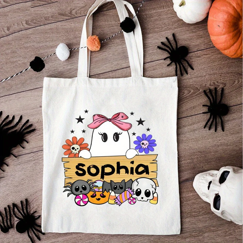 Custom Name Halloween Ghost Canvas Tote Bag Personalized Cute Ghost Spider Bat Print Reusable Shopping Shoulder Handbag