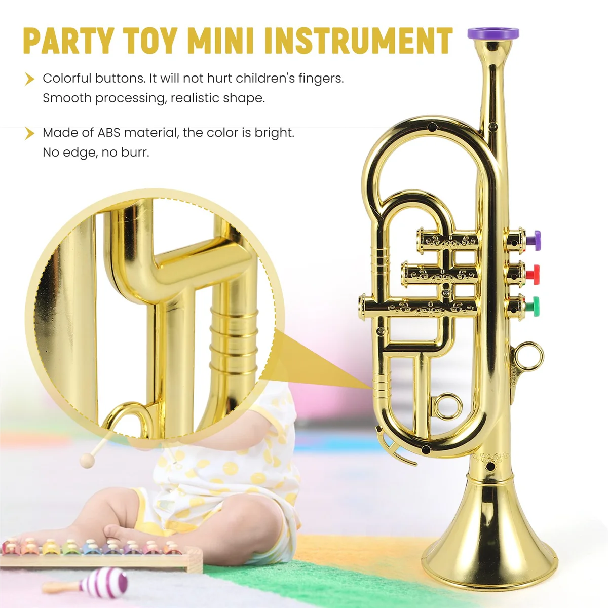 Mini instrumentos de sopro musical para crianças, Trompete de 3 tons, 3 teclas coloridas, Simulação, Birthday Party Toy, Dourado