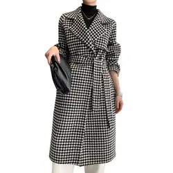 Houndstooth Woolen Coat Women Midi Fall And Winter 2023 Korean Slim Black And White Plaid Coat British Style Luxury Tweed Jacket