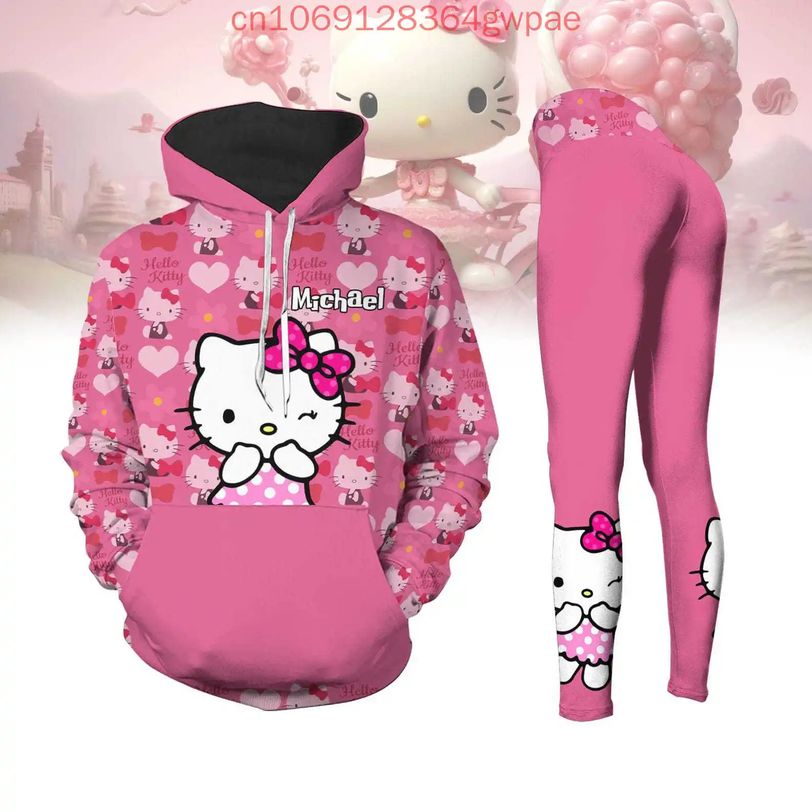 Hello Kitty Damen 3D-Druck Hoodie Legging Set Casual Y2k Damen süße Yoga Hose Sweatshirt Mode Sportanzug