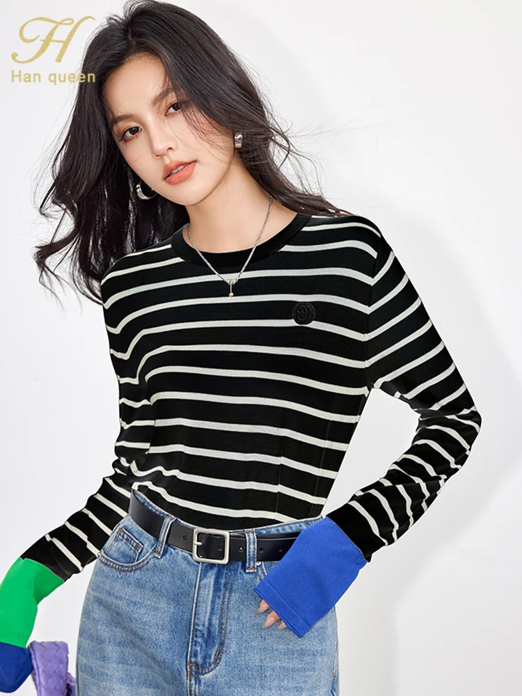 H Han Queen 2024 Spring Korean Woman Clothing Fashion Clashing Stripes Casual T-Shirts Basic Long Sleeve Vintage Top Female Tees