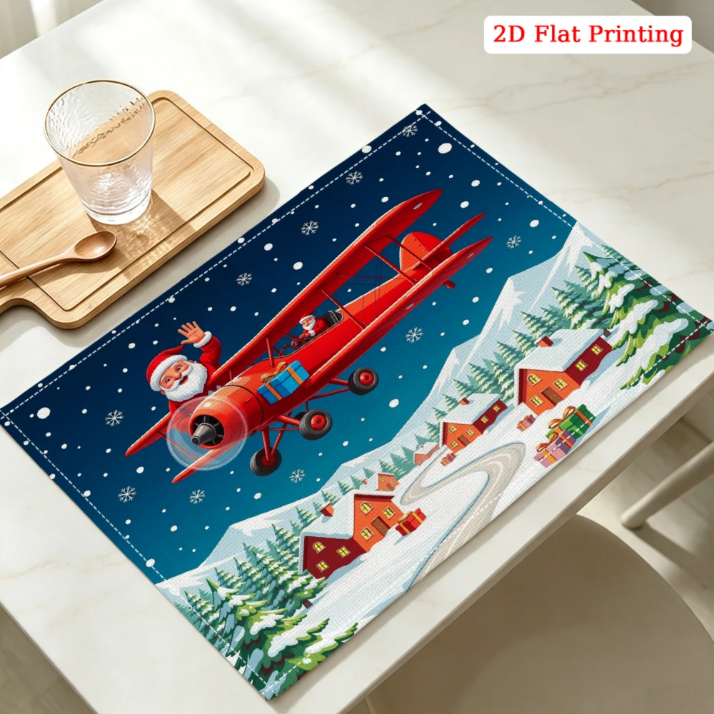 Santa Flying Red Biplane Over Snowy Village Kitchen Placemat Coaster Linen Pad Dish Coffee Cup Table Mat 30x40cm Home Decor