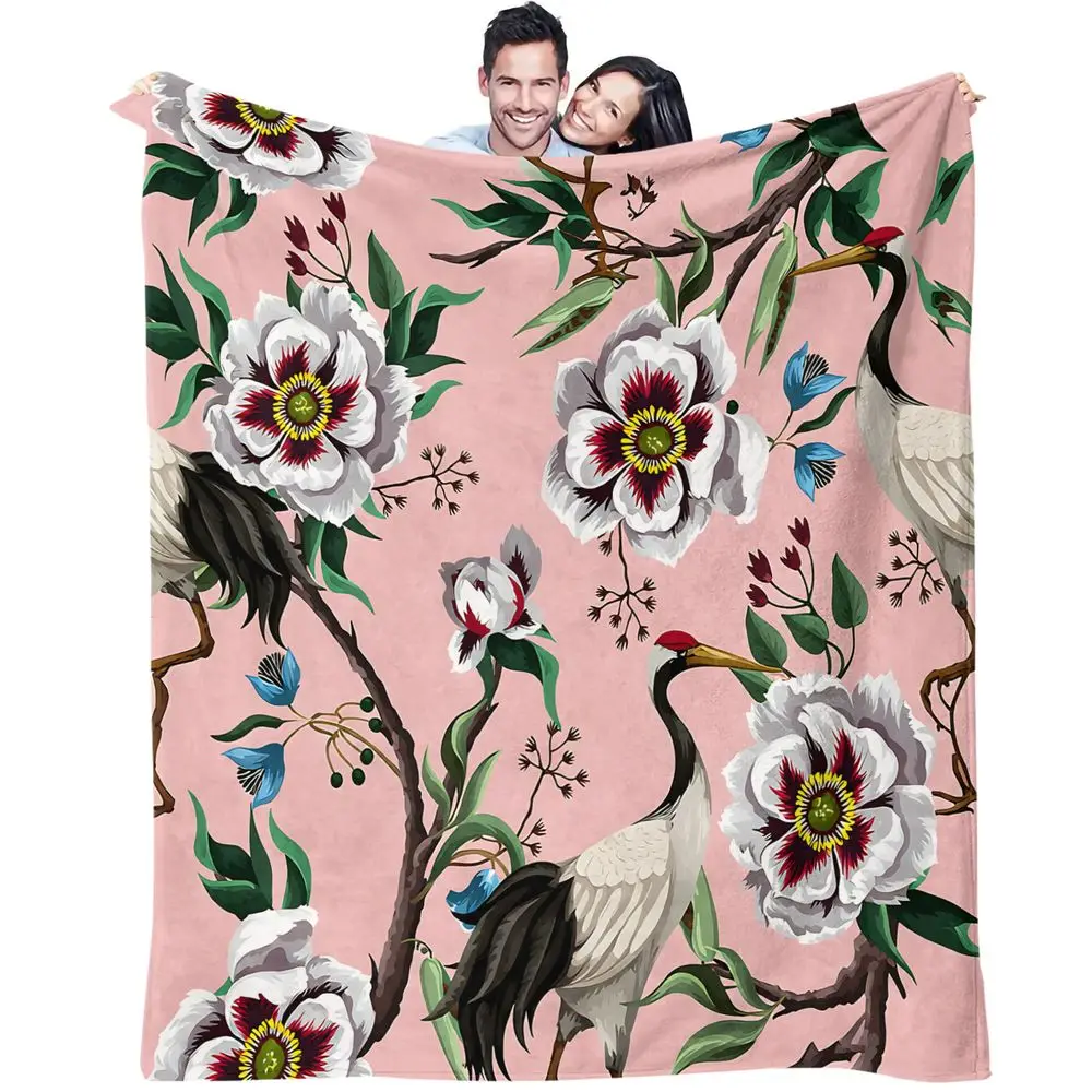 Peony Crane Floral Print Blanket Flannel Blanket Throw Blanket Warm Blanket Gift Blanket Elegant Lady Guest Room Wrap