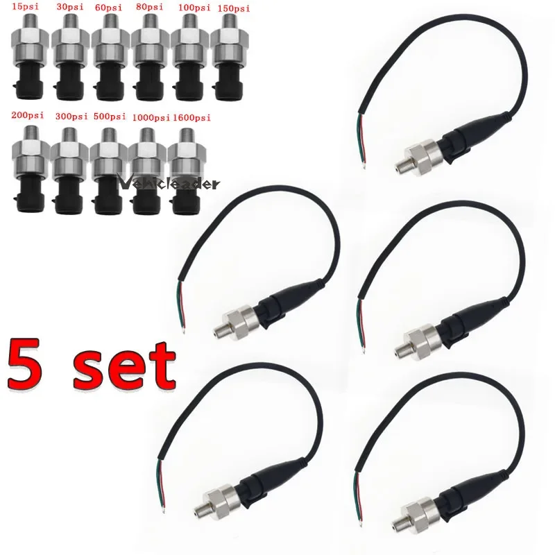 5 Set DC 5V 1/8NPT Oil Fuel Diesel Gas Air Pressure Transducer Transmitter Sensor 15/30/60/80/100/150/200/300/500/1000/1600Psi
