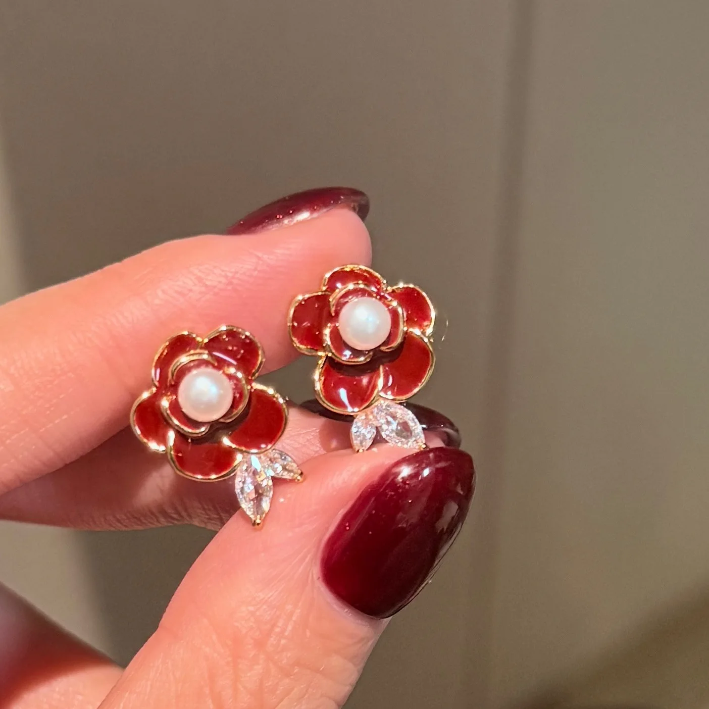 

High-Quality Natural Freshwater Pearl 14K Gold-Plated Red Camellia Earrings for Women Premium Gift Jewelry