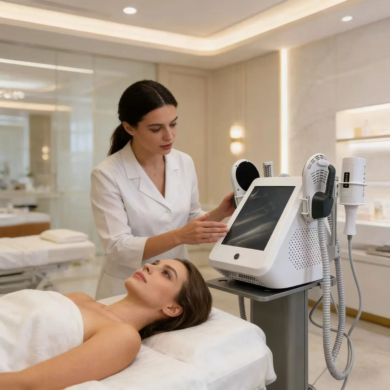 

Аппарат для коррекции фигуры 6500 Вт, 200 Гц, с роликовым массажером, RF-скульптурированием, электромагнитной стимуляцией мышц и функцией похудения SLYRIC