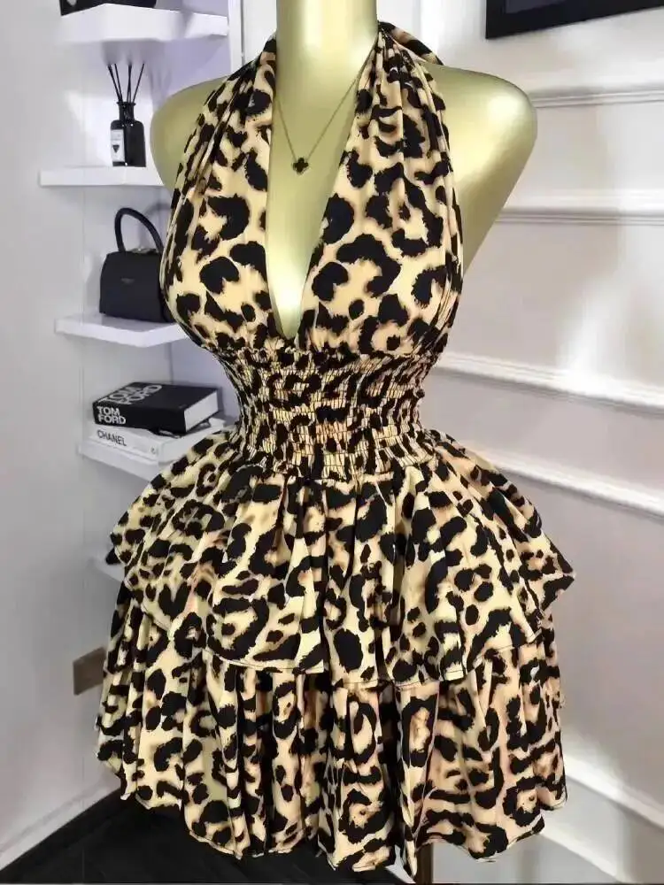 Women Leopard Print Halter Neck Backless Cascading Ruffles Big Swing Ball Gown Mini Dress 2025 Sexy Club Party Dresses 98J4