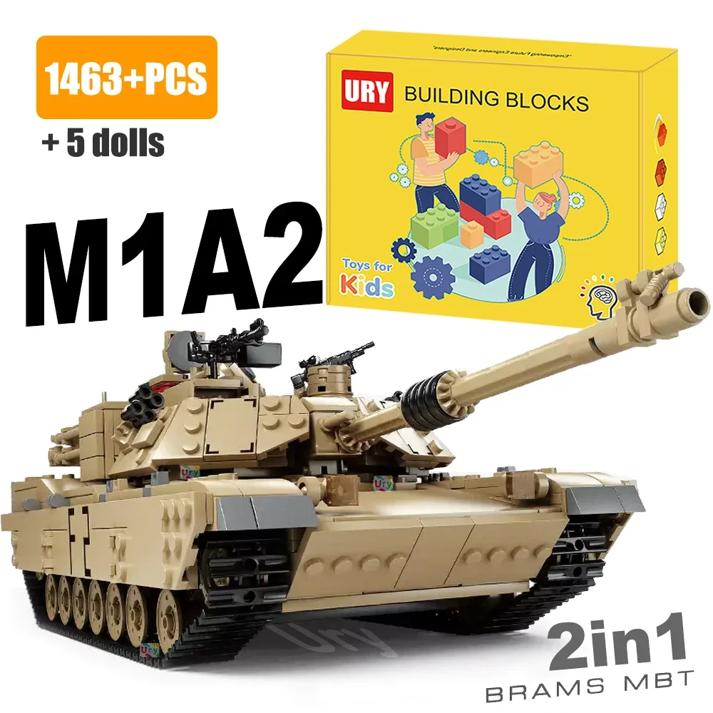 2in1 WW2 Military M1A2 Abrams MBT Army Tank Cannon Chariot Set Soldier Figures DIY Building Blocks Toys Kids Christmas Gift MOC