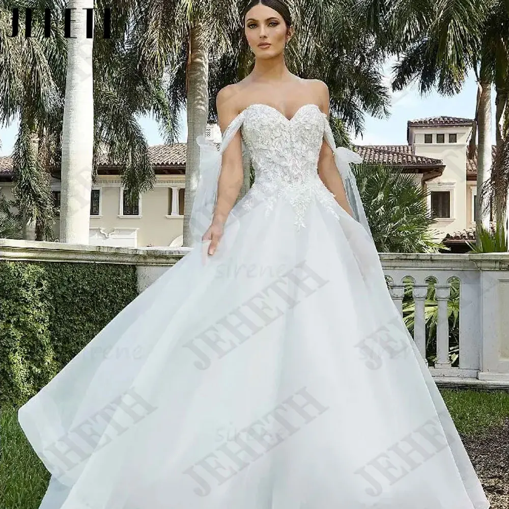 JEHETH Off Shoulder Sweetheart Neck Wedding Dresses A-Line Short Sleeves Bride Gowns Backless Appliques Tulle vestidos de novia