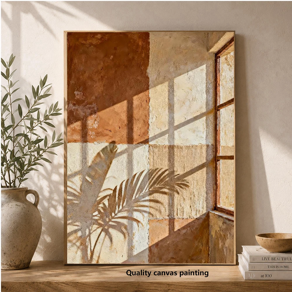 Terracotta orange wall art, vertical textured window-style canvas print, abstract painting featuring sunlight, modern decor for