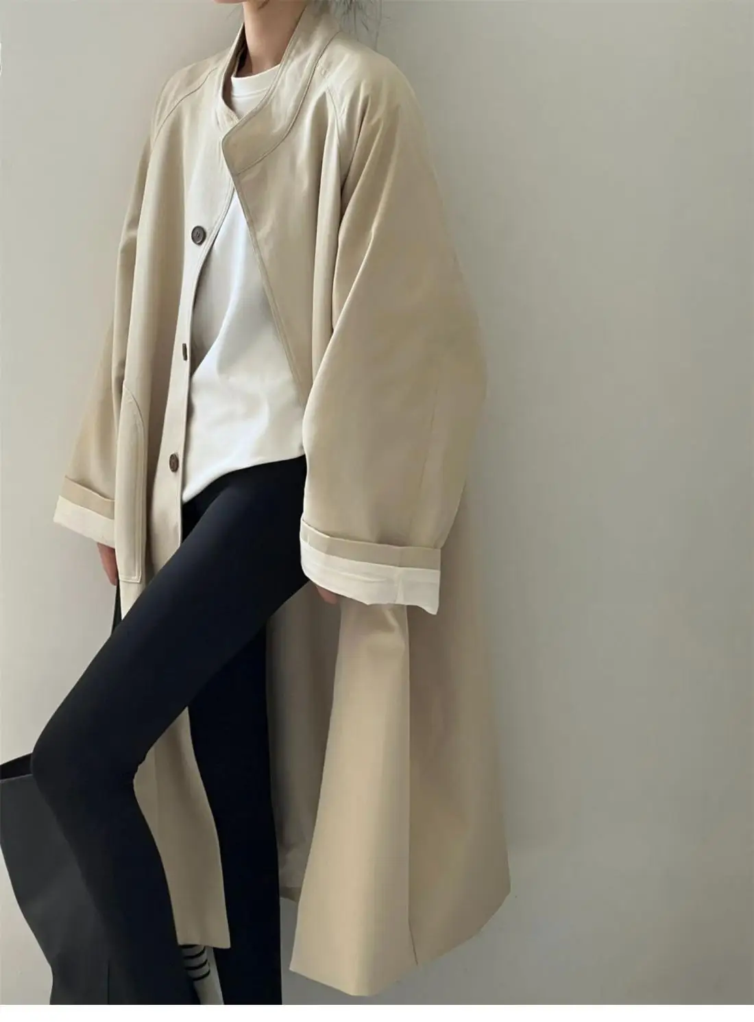 معطف طويل برقبة ثابتة لعام 2025 للنساء لربيع وخريف معطف غير رسمي بياقة مقلوبة وصدر واحد معطف غير رسمي وراقي #3