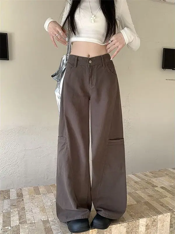 High Waist Wide Leg Denim Jeans Women's Casual Style Coffee Color Slimming Loose Straight Cut Pants for Young Ladies