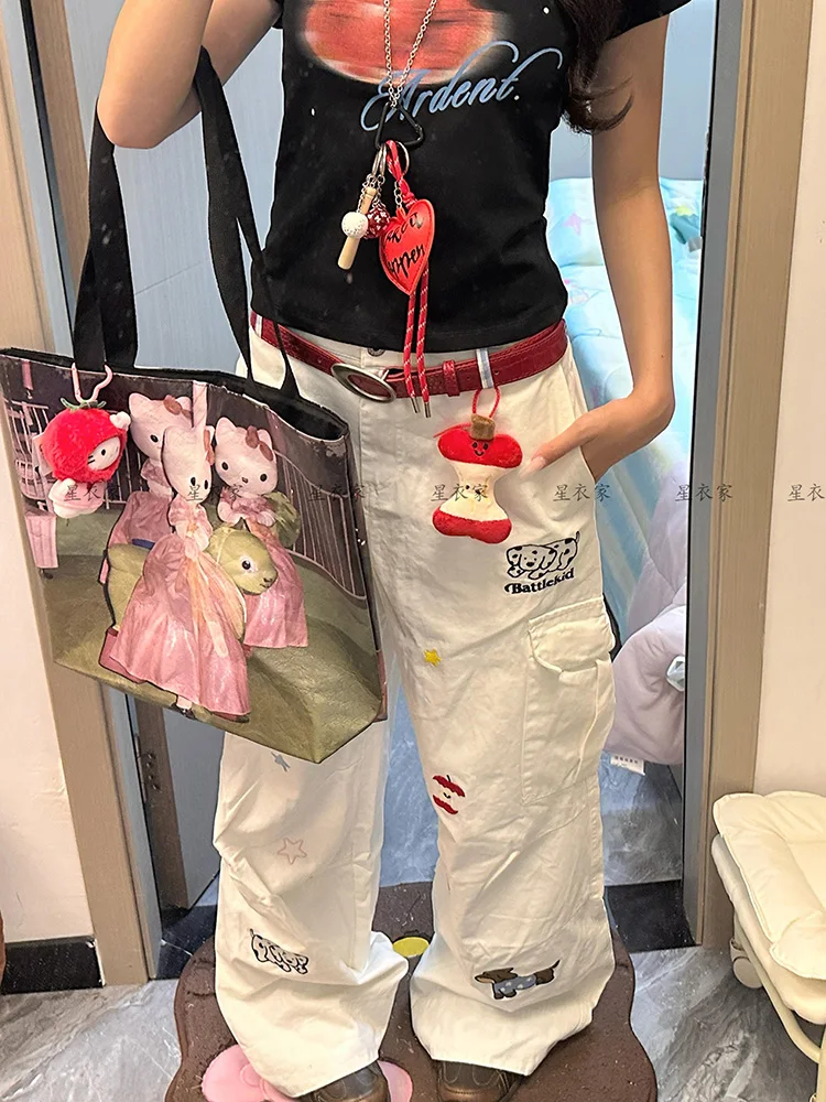 Amerikanischen stil würzige mädchen design breite beine lose cartoon hund karierten jeans frauen sommer neue gerade bein bodenlangen hosen