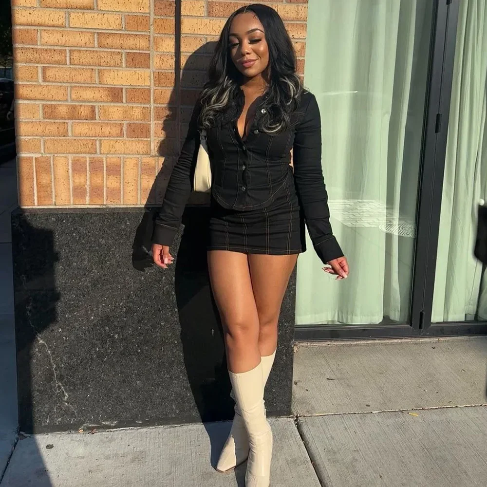 

Skirt 2 Piece Sets Women Streetwear Jacket Single Breasted Turn Down Collar Mini Skirts Suit Sexy Slim 2025 Female Outfits