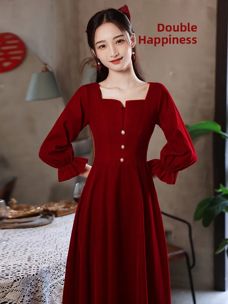 

Red Evening Dr Long Sve Wedding Dr Engagement Dr Women's Faion Korean Sle Pearl Embellied A-Line Skirt