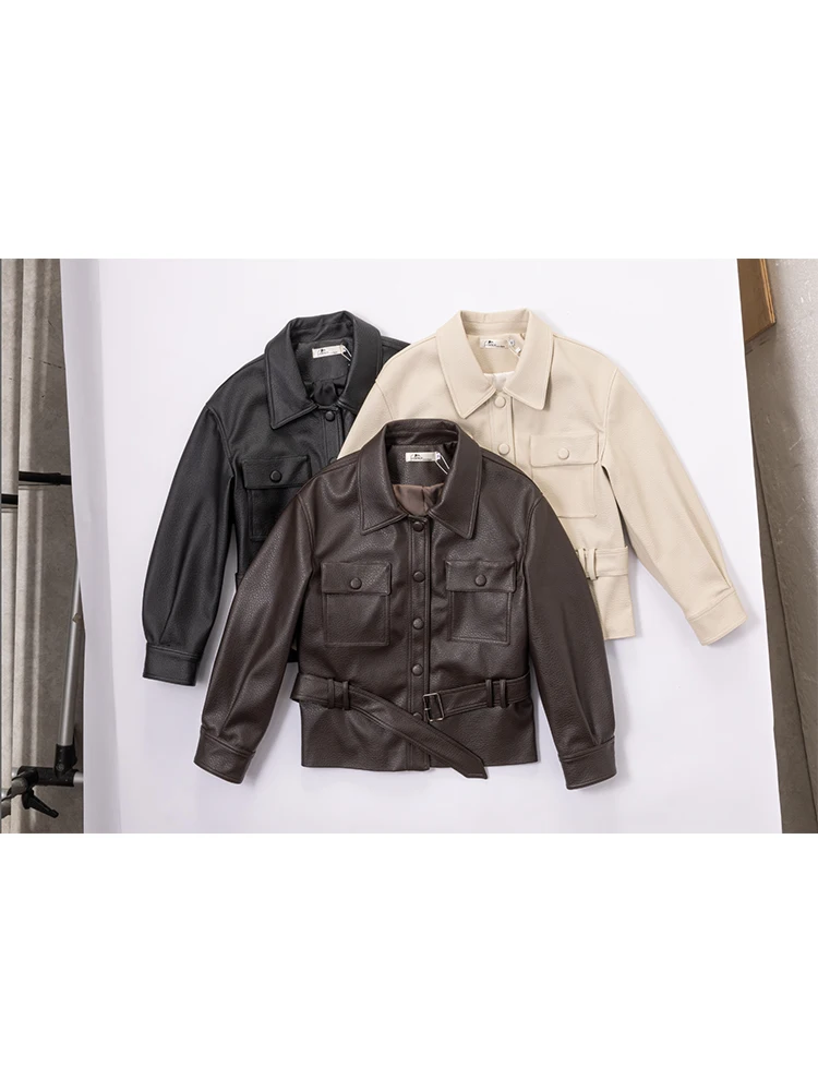 

Стильное кожаное пальто в стиле ретро с поясом, осенне-зимняя новинка, женское повседневное свободное пальто с длинными рукавами