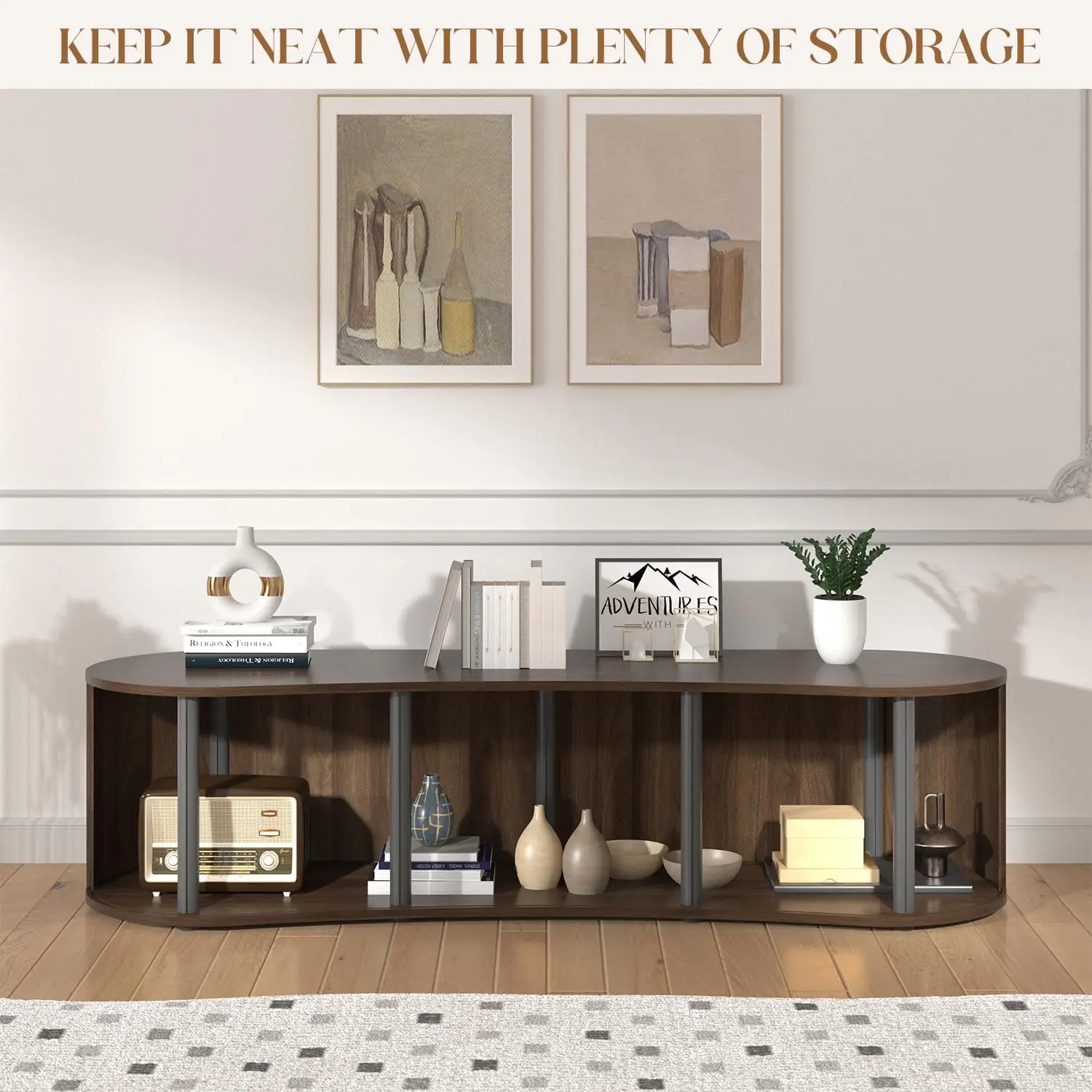 Soporte de TV moderno de mediados de siglo con almacenamiento, consola multimedia de nogal de 59 pulgadas para entretenimiento en la sala de estar