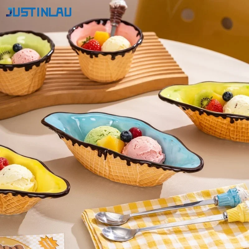 JUSTINLAU Ceramic Dessert & Bread Plates Ice Cream Snowball Dessert Bowl Rectangular Yogurt ＆Fruit Salad Plates Home Tableware