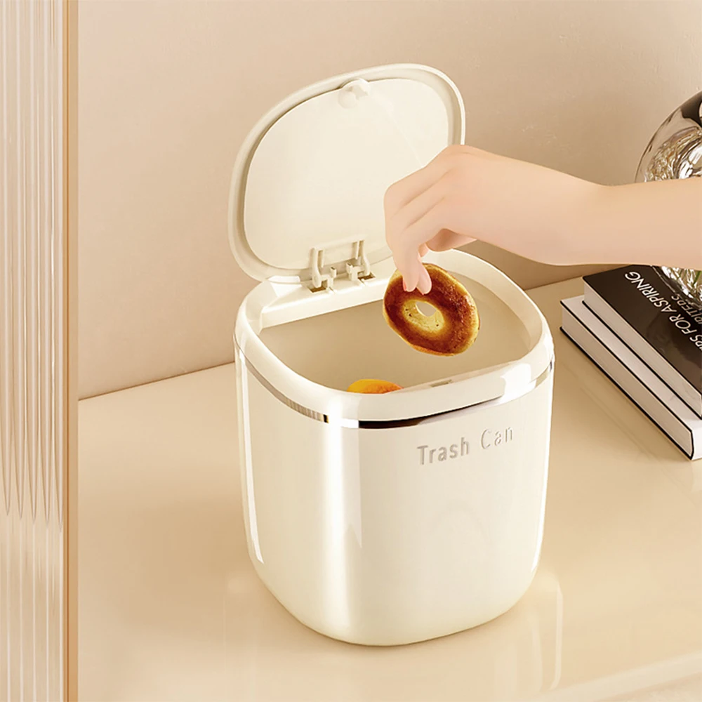 Light Luxury Wastebasket Mini Press Trash Can with Lid Tiny Countertop Waste Bins Office Small Table Top Plastic Garbage Can