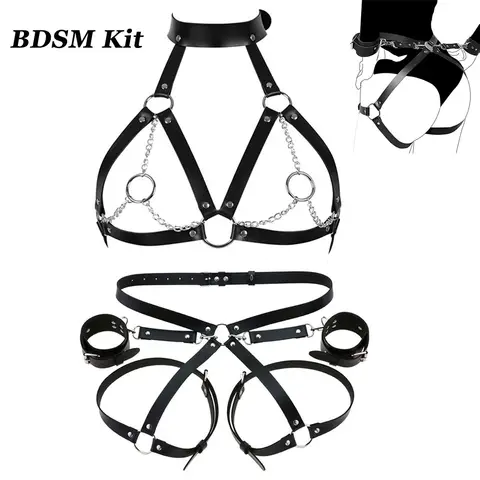 sexx Bondage BDSM Kit Restraints Leather Handcuffs sexx Toys Body Harness Bondage Waist Straps Cuffs Adult Erotic Toys For Couples