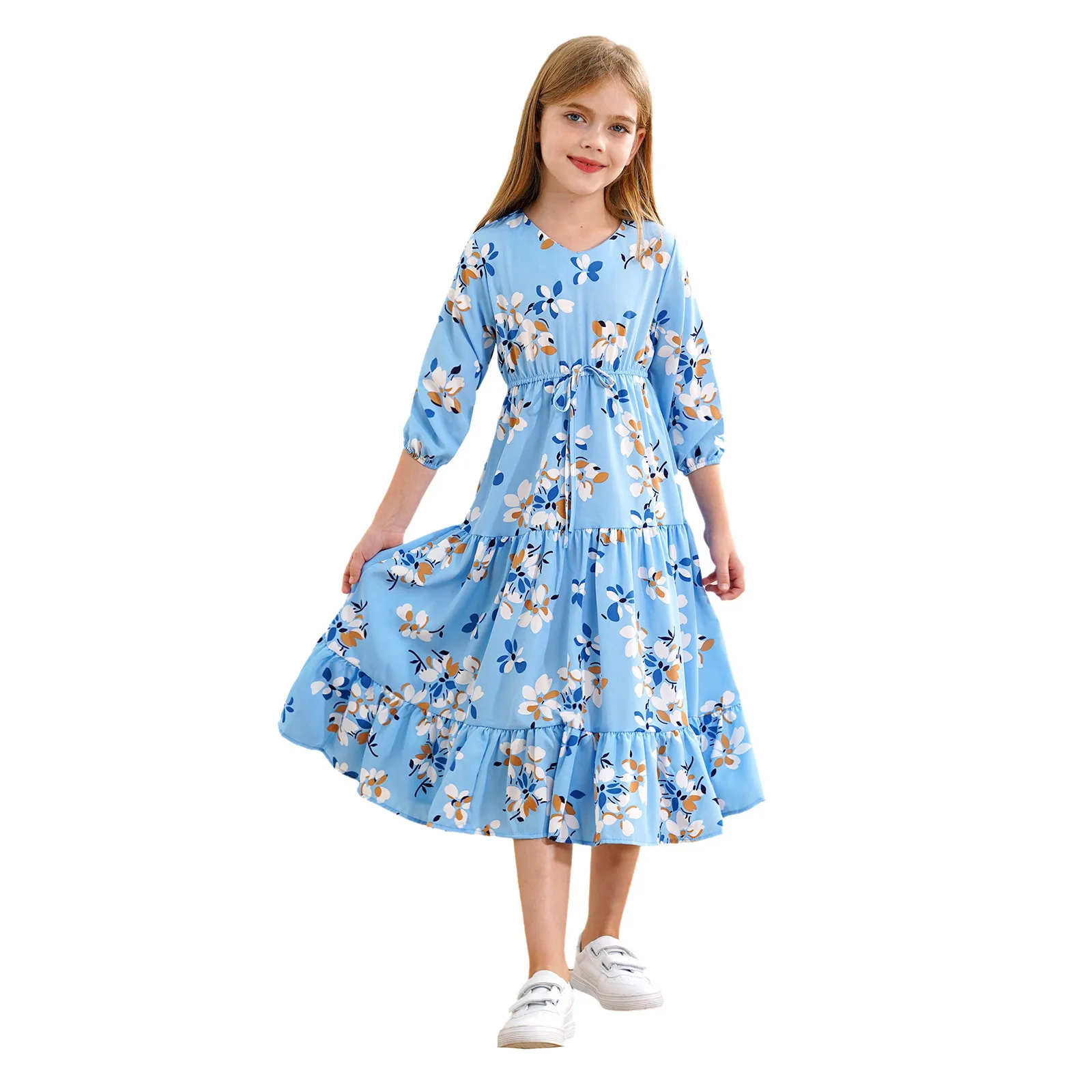 

Kids Girl Floral Print Summer Dresses Long Sleeve High Waist Ruffle Hem Long Maxi Skirt for Casual Holiday Southeast Asian Girls