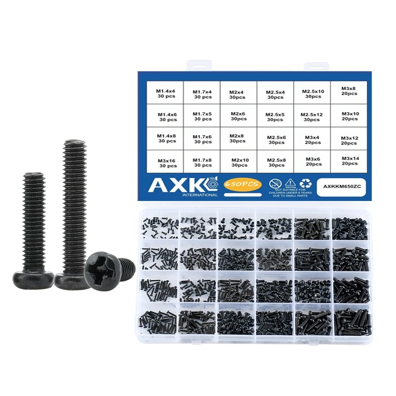 650pcs Cross Recessed Round Pan Head Machine Screws Set M1.4 M1.7 M2 M2.5 M3 Mini Screw laptop computer screw Phillips Screw Kit