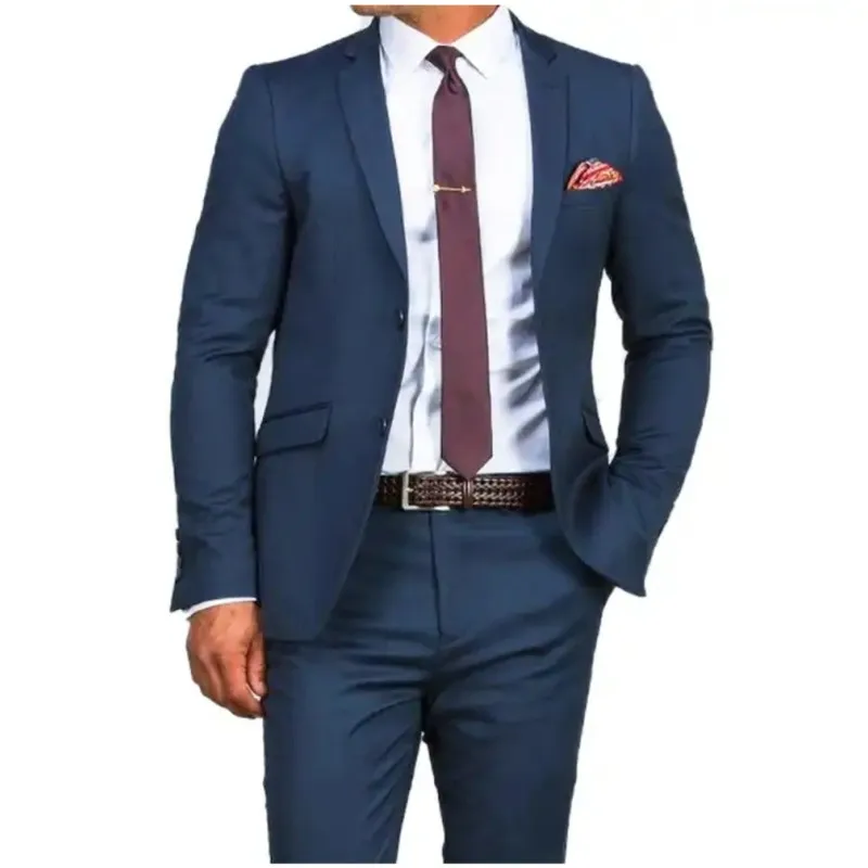

Suits For Men Navy Blue 2 Pieces Notch Lapel Business Jacket+Pant Casual Summer Costume Homme Wedding Groom Prom Party Dress