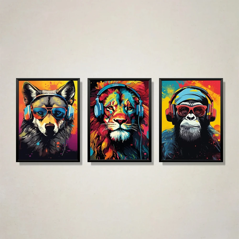 

3pcs Wear Headphones Wolf Lion Monkey Wall Art Prints Canvas Painting Poster Picture For Living Room Home Decor