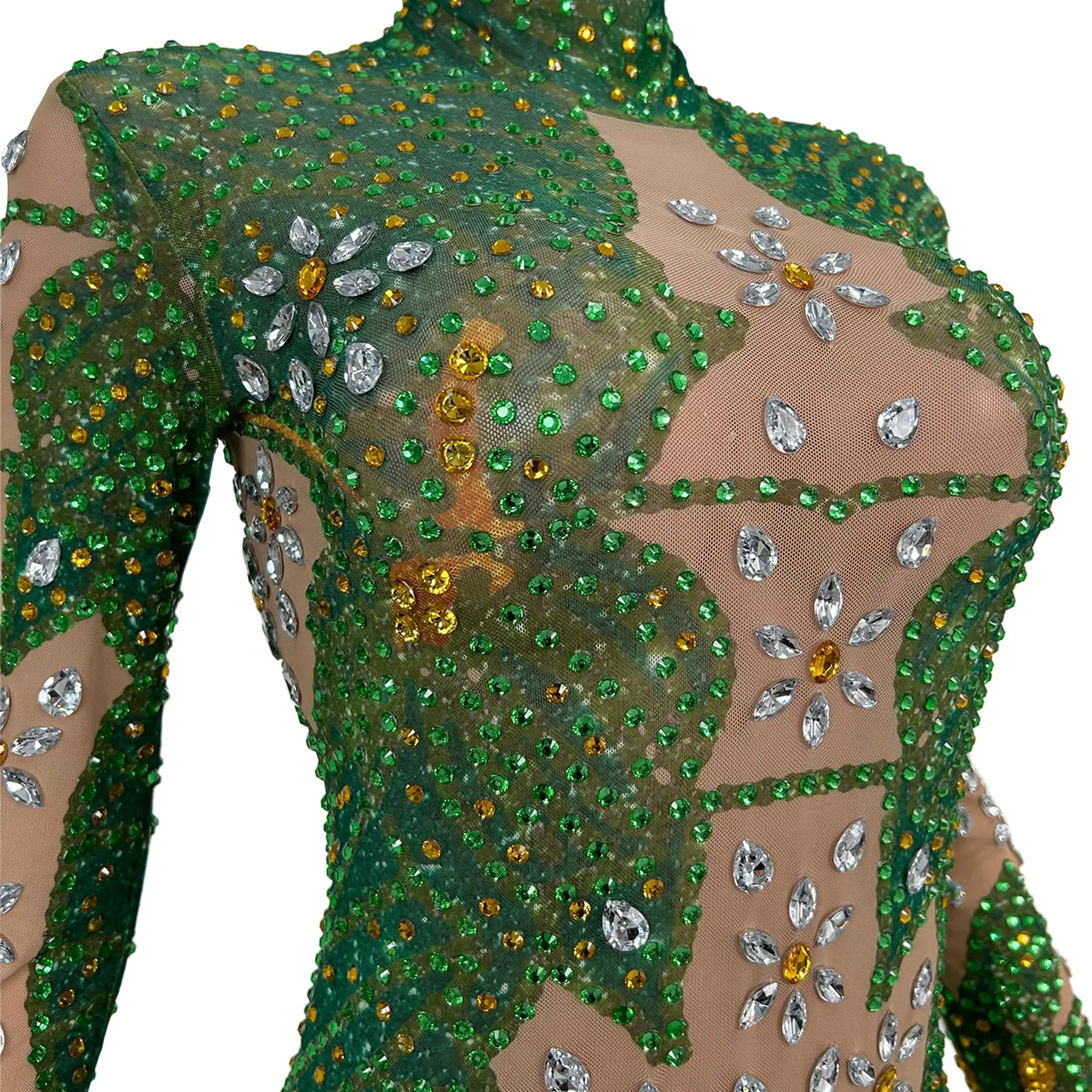 

Green Rhinestone Mesh Jumpsuit Long Sleeve Sheer Outfit Women Stage Performance Drag Queen Carnival Party Bell-bottoms Hehuaye