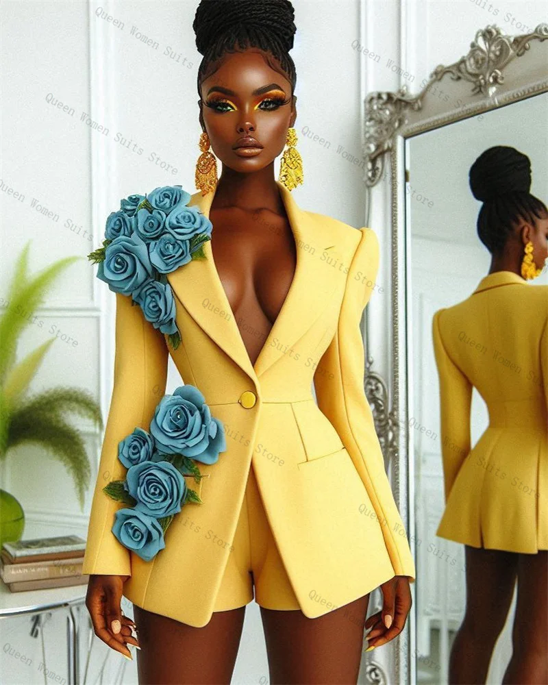 

Yellow Women Suit Set 2 Piece Blazer+Short Pants 3D Flower Formal Office Lady Jacket Cotton Wedding Guest Coat Customized Coat