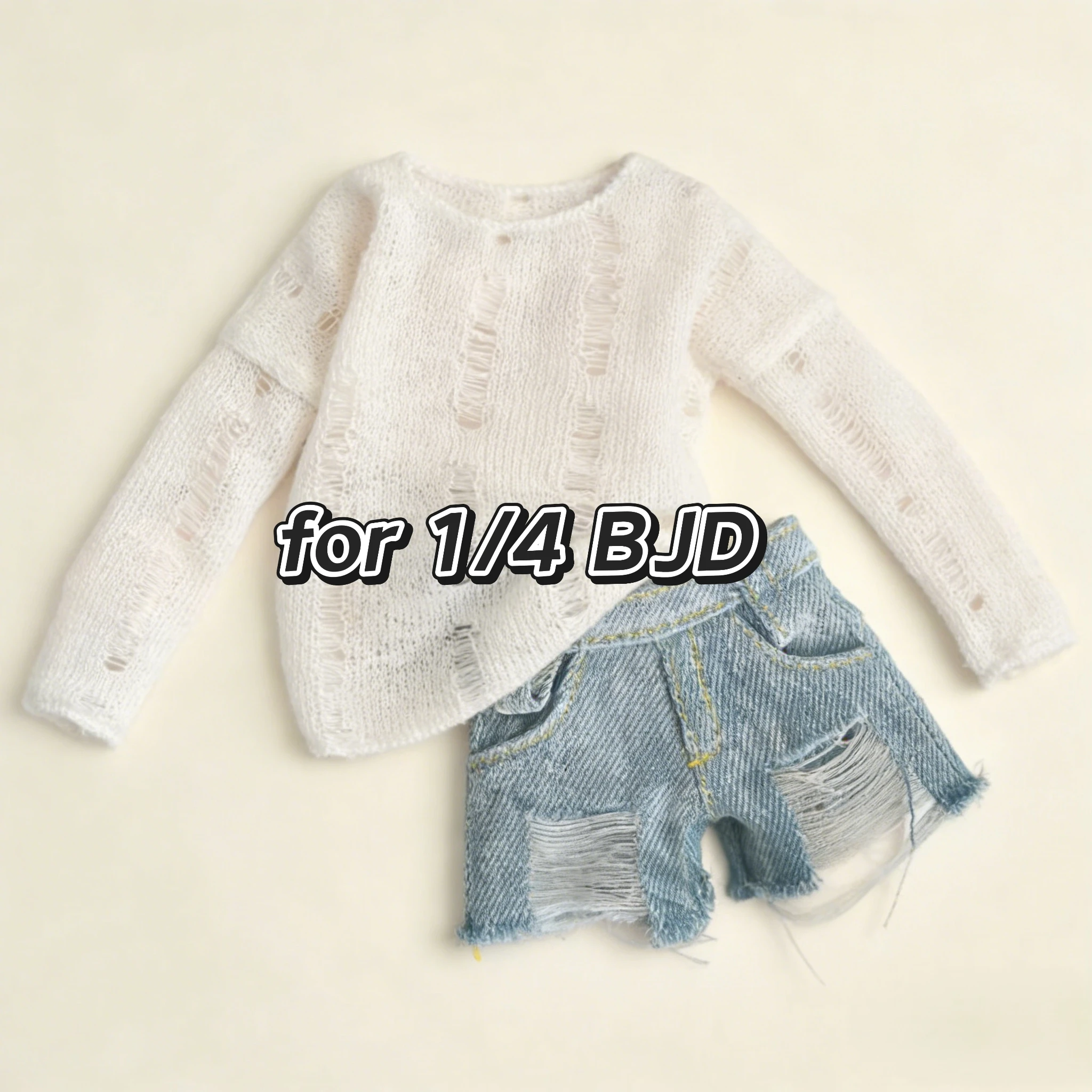 

BJD (1/4 BJD Doll Clothes) Baby Clothes Hollow-knit Blouse Broken Hole Smock Denim Washed Broken Hole Jean Shorts Vintage Jeans
