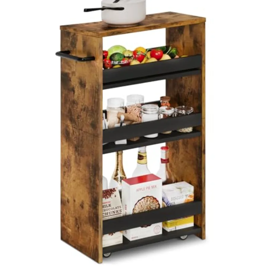 

4 Tier Slim Storage Cart for kitchen and laundry, wood and metal, brown+black, space-saving slide-out design