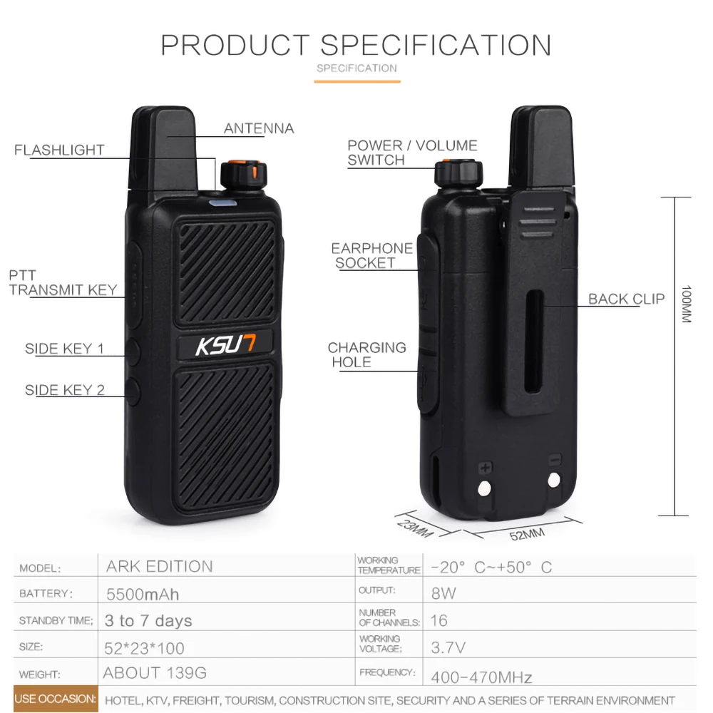 KSUN 8W High Power Two Way Radios Communication Type-C 5500mAh Flashlight Backlight VOX Walkie Talkies for Hiking Camping