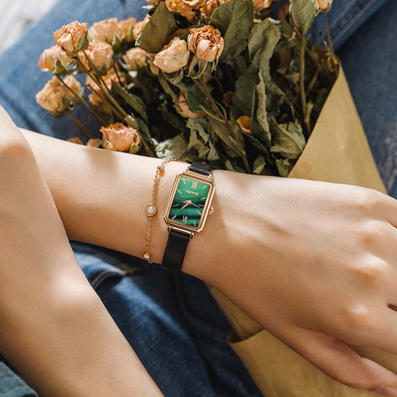 Small niche light luxury minimalist temperament square retro women's watch Famous brand genuine small green watch