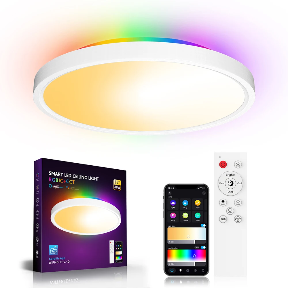 LED Ceiling Light 30W 2700LM Round Flat Panel Light WiFi BT RGBIC/CCT/RGB 2700K-6500K Dimmable Color Changing Light Fixture