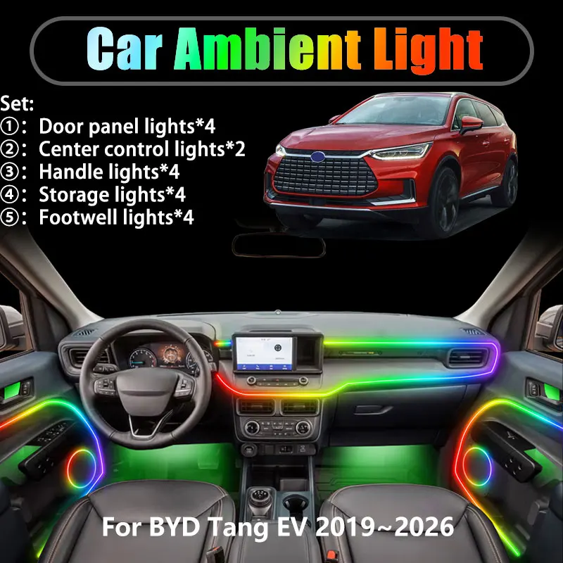 

Для BYD Tang EV 2019 ~ 2026 Sealion 8 MK2 2/18 в 1 Автомобильное окружающее освещение Светодиодные внутренние светодиодные фонари багажника USB RGB Ensemble Streamer