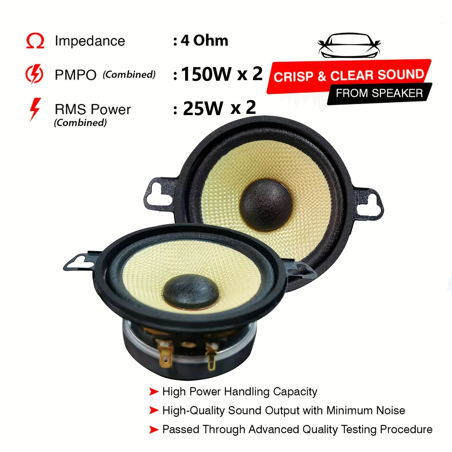 1x 150W 最大出力のカーオーディオスピーカー、3.5 インチ、チタンダイアフラムとアルミニウムフレームを採用し、ドアへの簡単な取り付けが可能