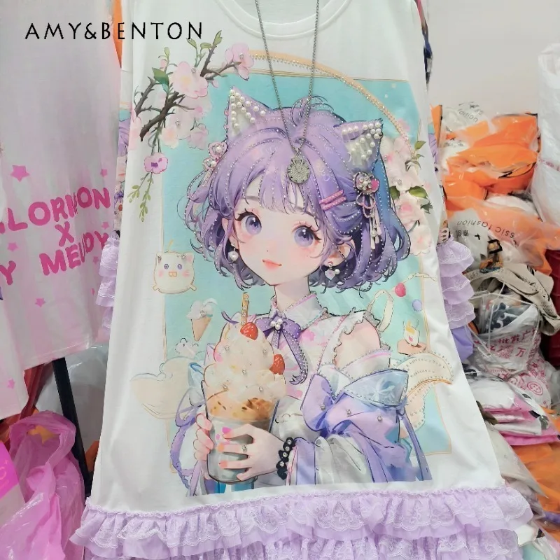 

Heavy Industry Beads Diamond Drills Korean Style Cartoon Girl Cool Kawaii Crew Neck T-Shirt Sweet Loose Lace Sleeves Tees Summer