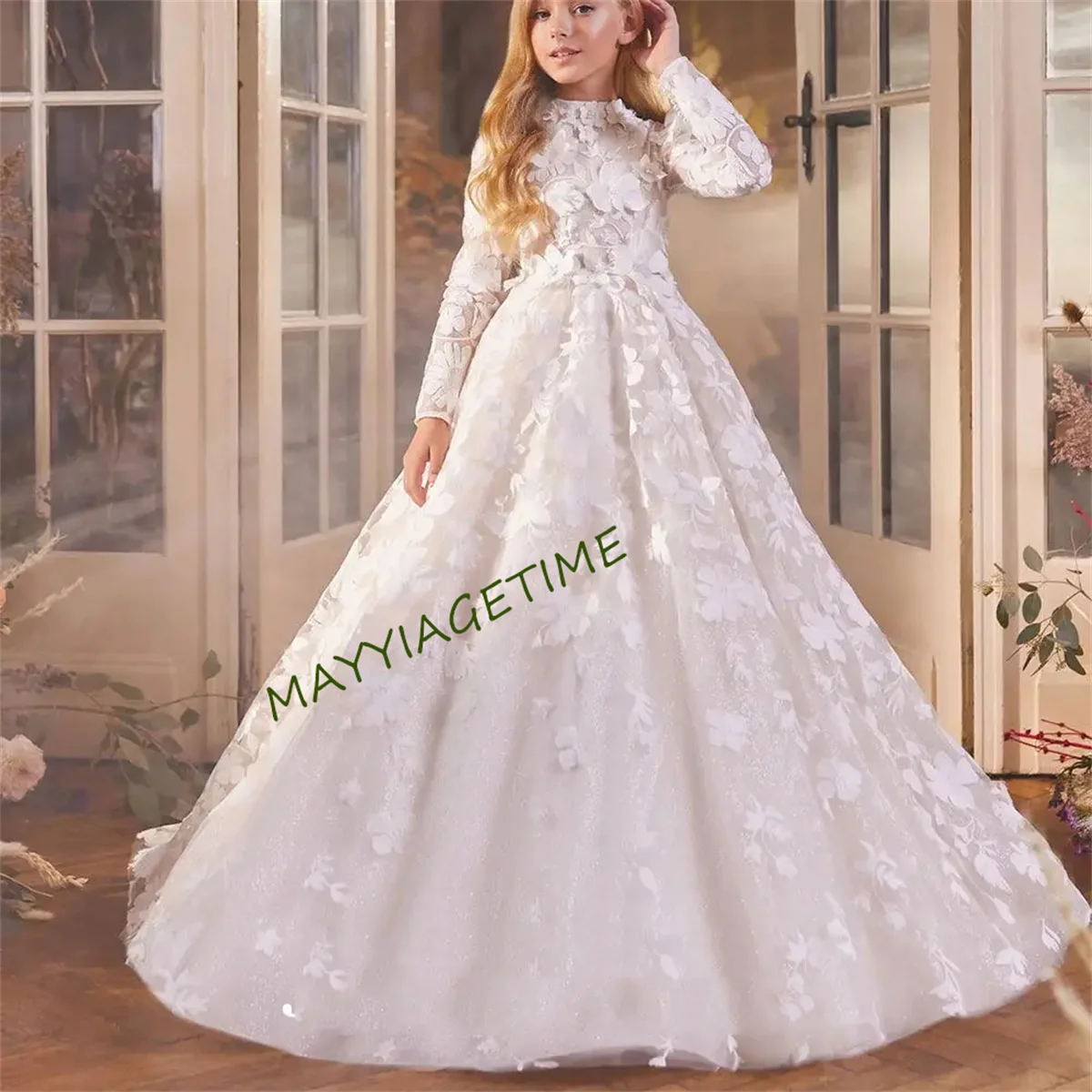 Luxury White Girl Dress 3D Flowers Princess Dubai Kids Wedding Birthday Communion Party Elegant Evening Gown 2024