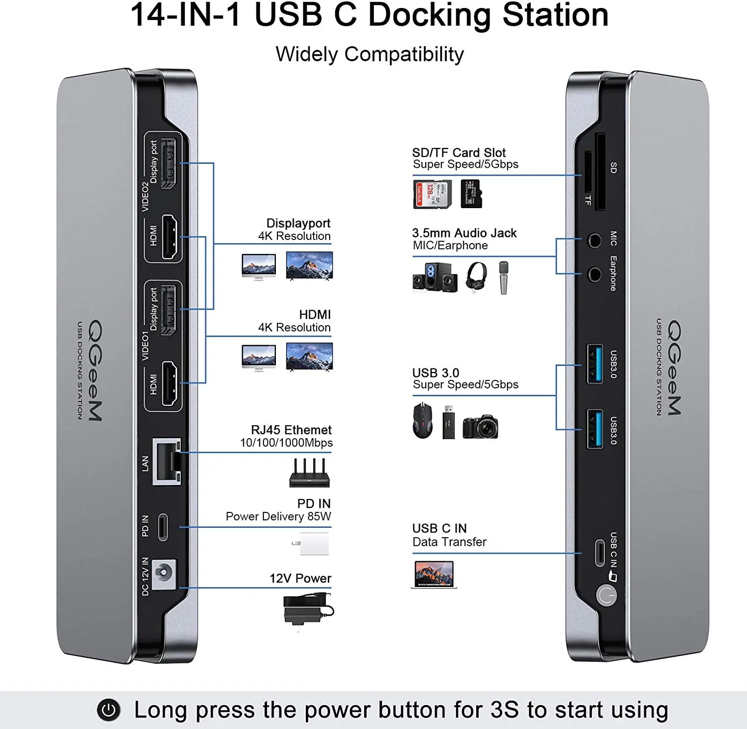 USB C Docking Station, 15 In 1 Multi Ports Fast Speed Docking Station Monitor 4K DisplayLink Laptop Dock