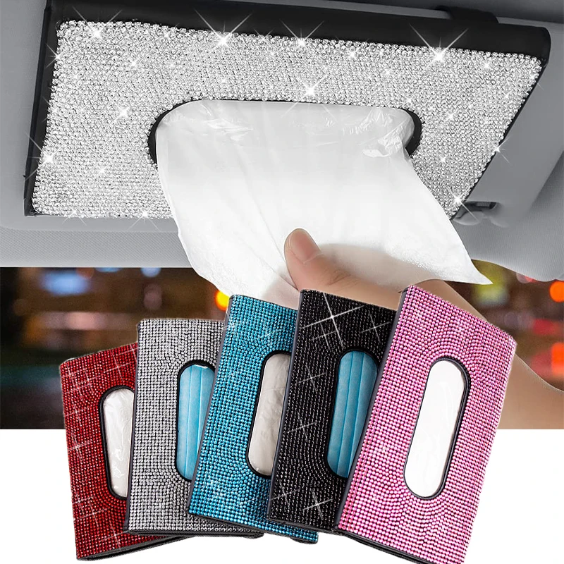 Bling Crystal Car Tissue Box Sun Visor Diamond Leather Auto Tissue Paper Holder Case Sunvisor Hanging Napkin  car decoration