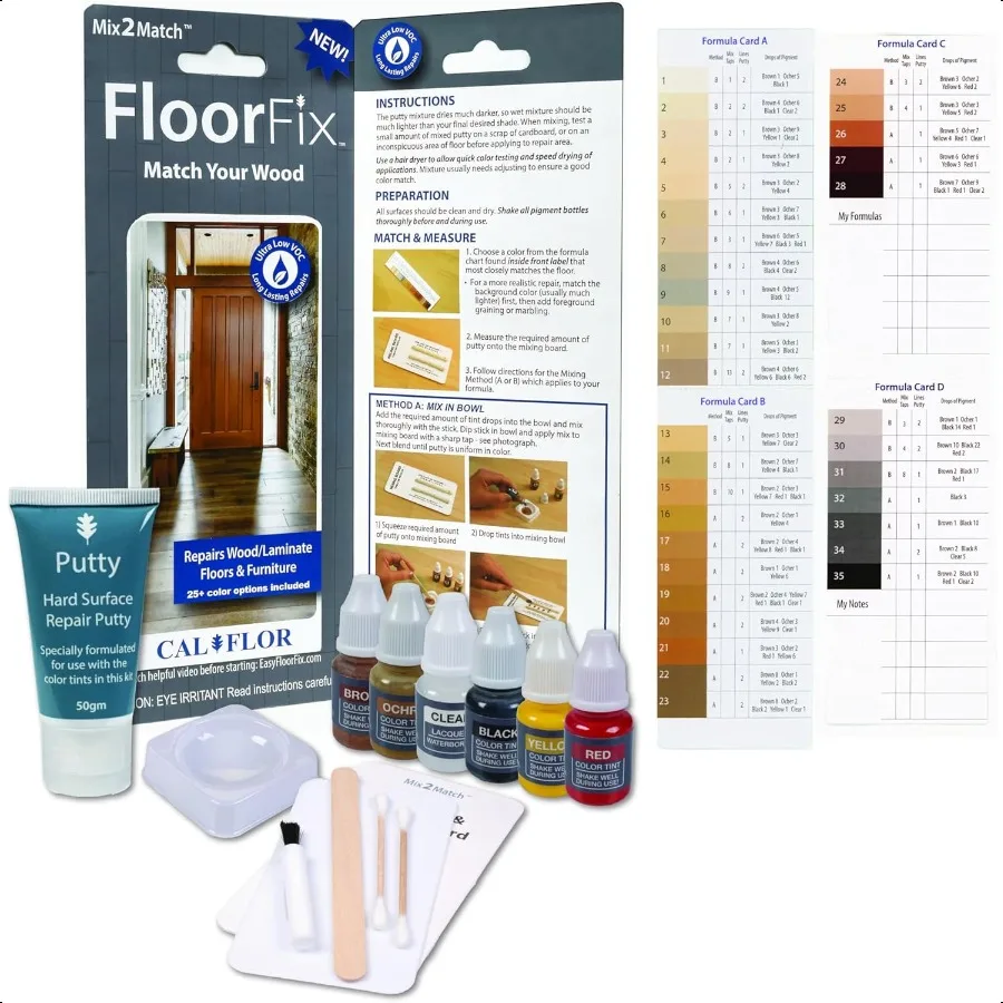 CalFlor FloorFix Mix2Match Hardwood and Laminate Repair Kit 65% More Vibrant Formulas 27 Color Matches + Grain and Gloss Tools