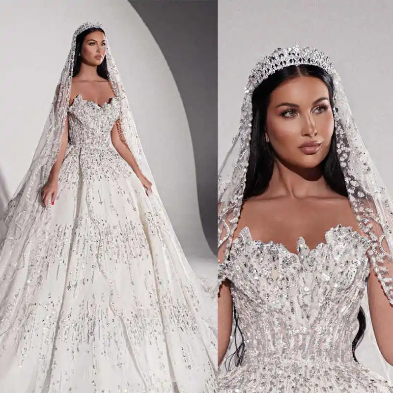 

Luxurious Sweetheart Wedding Dress Ball Gown Elegant Sequiend Lace Bridal Dress Customized Sleeveless vestidos de novia