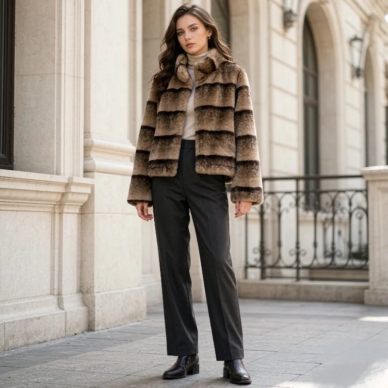 Eco-friendly Fur Jacket Women's Autumn and Winter Clothes Temperament Loose Striped Stand-up Collar Short Fur Integrated Coat