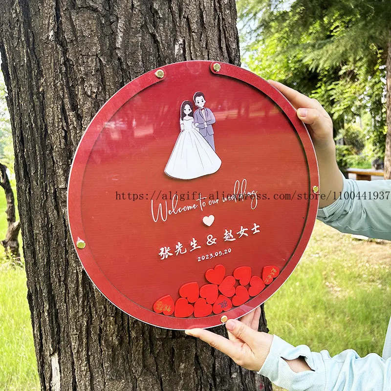 

Creative Traditional Chinese Double Happiness Wedding Sign-In Book Love Heart Wooden Signature Board Birthday Party Ornament